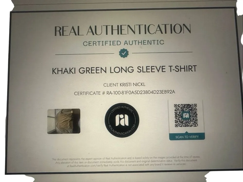 Gucci Embroidered Interlocking GG Crest Logo Long Sleeve Cotton Tee Shirt Khaki